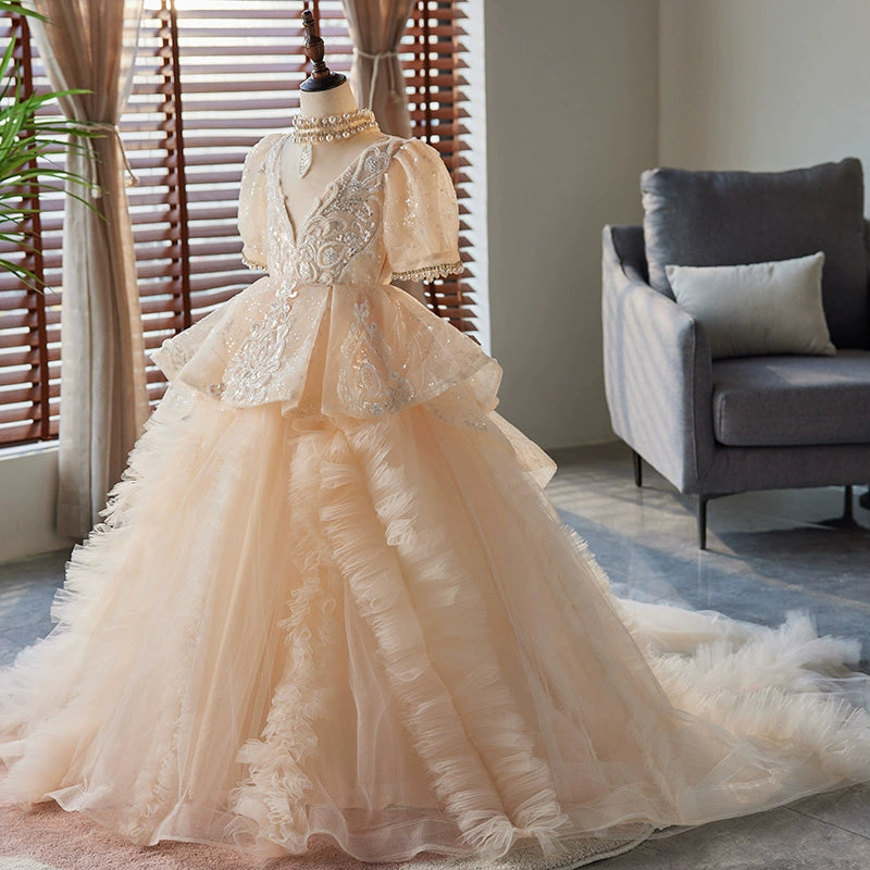 Princess Champagne Organza Crossed Straps Baptism Lace Floor Length Short Sleeve Puff Sleeve Jewel Neck Flower Girl Dress