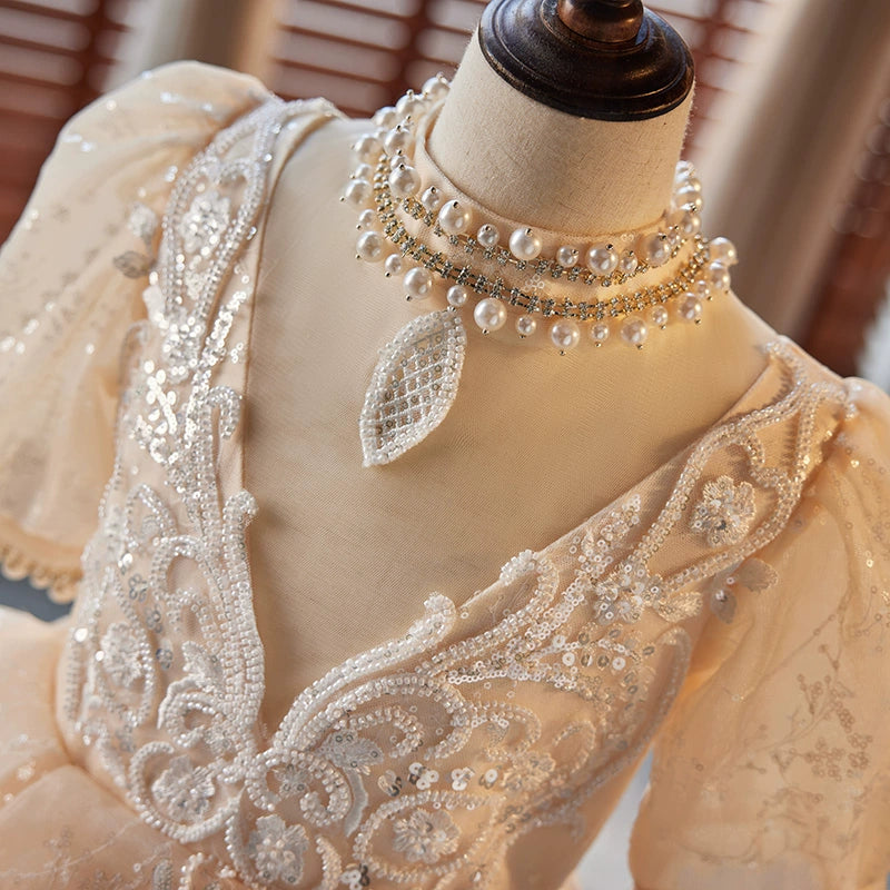 Princess Champagne Organza Crossed Straps Baptism Lace Floor Length Short Sleeve Puff Sleeve Jewel Neck Flower Girl Dress