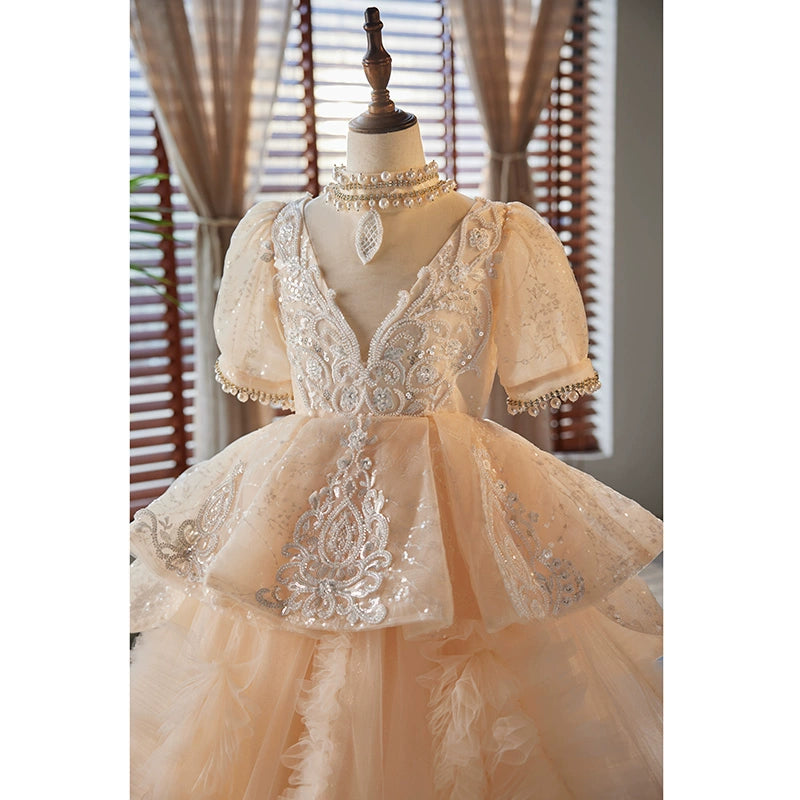 Princess Champagne Organza Crossed Straps Baptism Lace Floor Length Short Sleeve Puff Sleeve Jewel Neck Flower Girl Dress