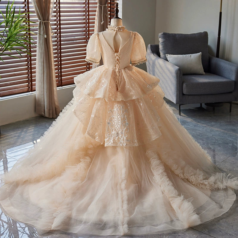 Princess Champagne Organza Crossed Straps Baptism Lace Floor Length Short Sleeve Puff Sleeve Jewel Neck Flower Girl Dress