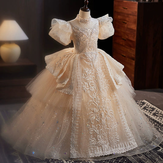Princess Champagne Organza Crossed Straps Baptism Lace Floor Length Short Sleeve Puff Sleeve Mock Neck Flower Girl Dress