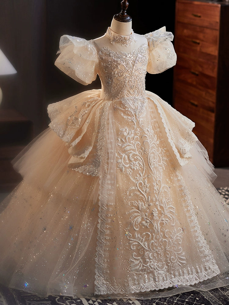 Princess Champagne Organza Crossed Straps Baptism Lace Floor Length Short Sleeve Puff Sleeve Mock Neck Flower Girl Dress