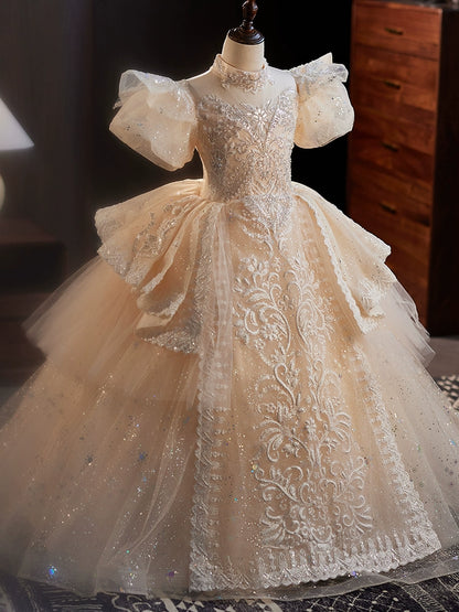 Princess Champagne Organza Crossed Straps Baptism Lace Floor Length Short Sleeve Puff Sleeve Mock Neck Flower Girl Dress