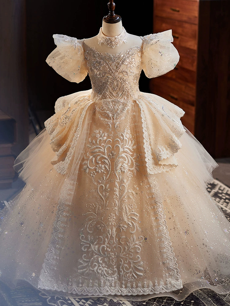 Princess Champagne Organza Crossed Straps Baptism Lace Floor Length Short Sleeve Puff Sleeve Mock Neck Flower Girl Dress
