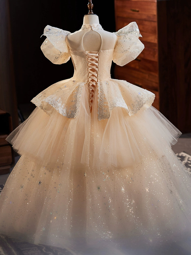 Princess Champagne Organza Crossed Straps Baptism Lace Floor Length Short Sleeve Puff Sleeve Mock Neck Flower Girl Dress