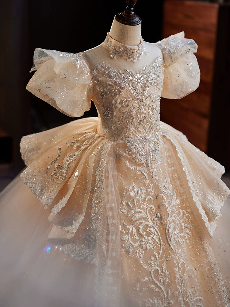 Princess Champagne Organza Crossed Straps Baptism Lace Floor Length Short Sleeve Puff Sleeve Mock Neck Flower Girl Dress