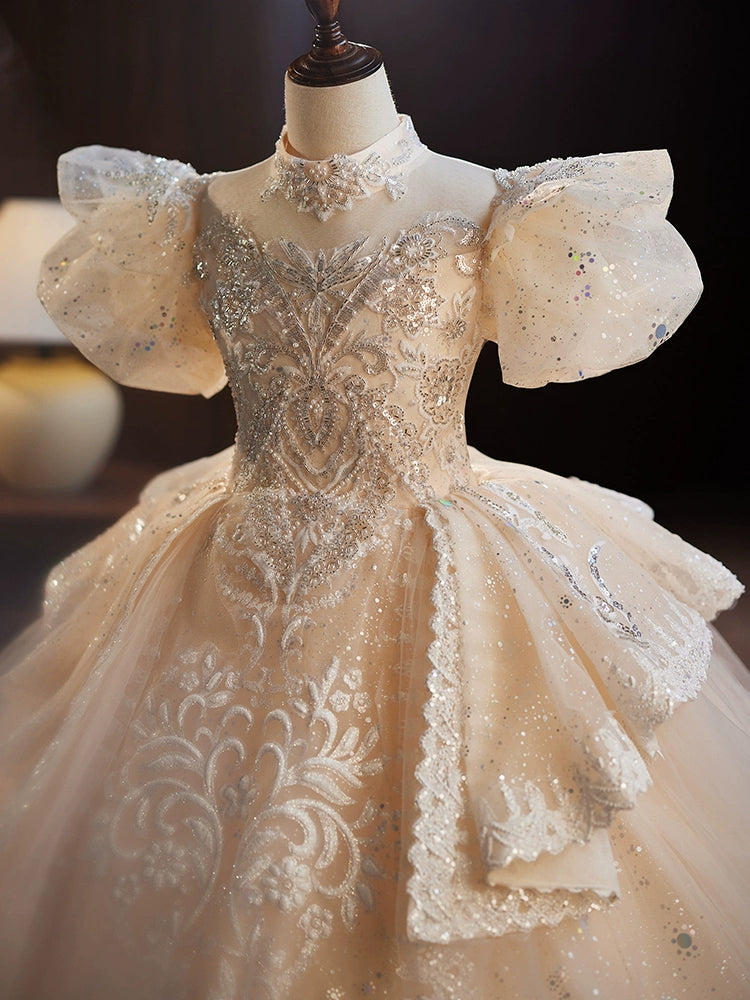 Princess Champagne Organza Crossed Straps Baptism Lace Floor Length Short Sleeve Puff Sleeve Mock Neck Flower Girl Dress