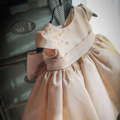 Princess Champagne Satin Back Zip Baptism Bow(s) Tea Length Short Sleeve Cap Sleeve Round Flower Girl Dress