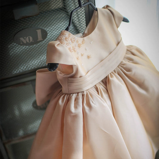 Princess Champagne Satin Back Zip Baptism Bow(s) Tea Length Short Sleeve Cap Sleeve Round Flower Girl Dress