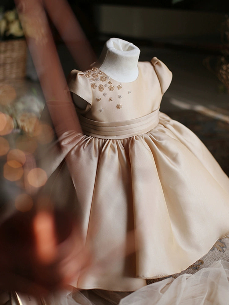 Princess Champagne Satin Back Zip Baptism Bow(s) Tea Length Short Sleeve Cap Sleeve Round Flower Girl Dress