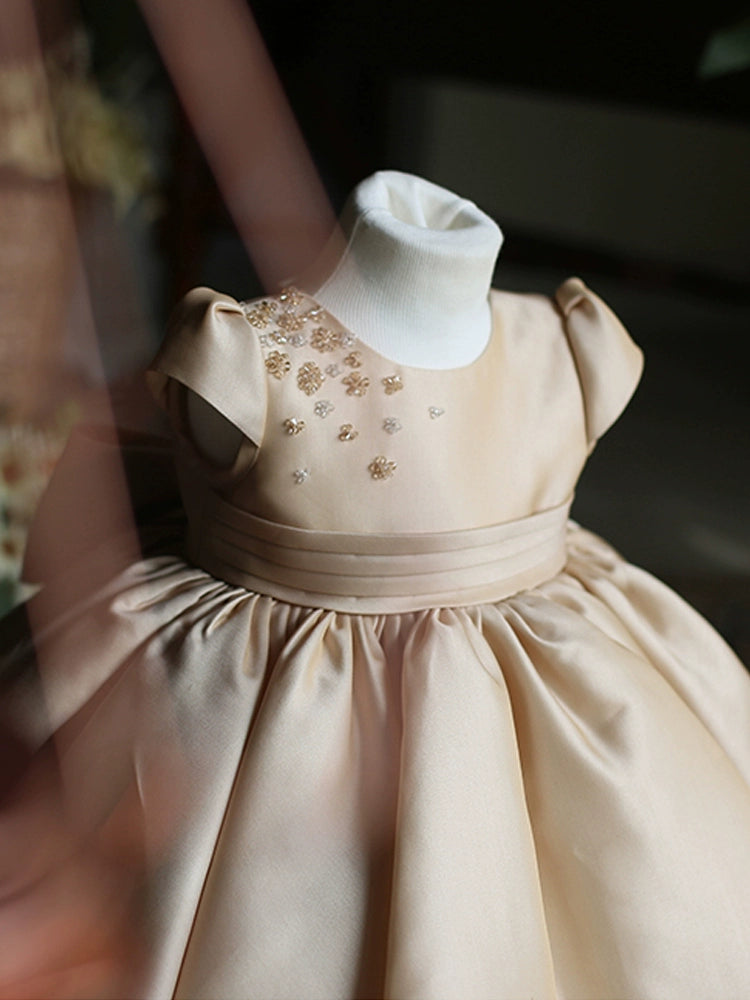 Princess Champagne Satin Back Zip Baptism Bow(s) Tea Length Short Sleeve Cap Sleeve Round Flower Girl Dress