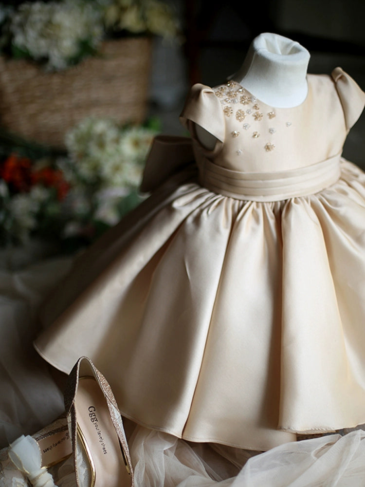 Princess Champagne Satin Back Zip Baptism Bow(s) Tea Length Short Sleeve Cap Sleeve Round Flower Girl Dress