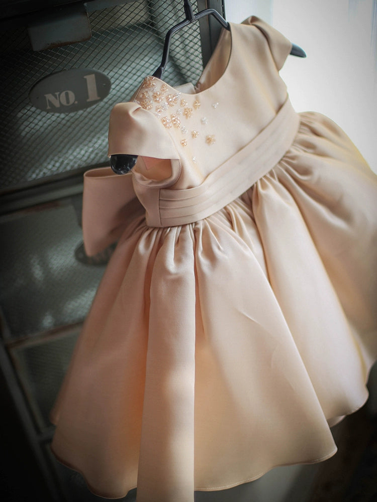 Princess Champagne Satin Back Zip Baptism Bow(s) Tea Length Short Sleeve Cap Sleeve Round Flower Girl Dress