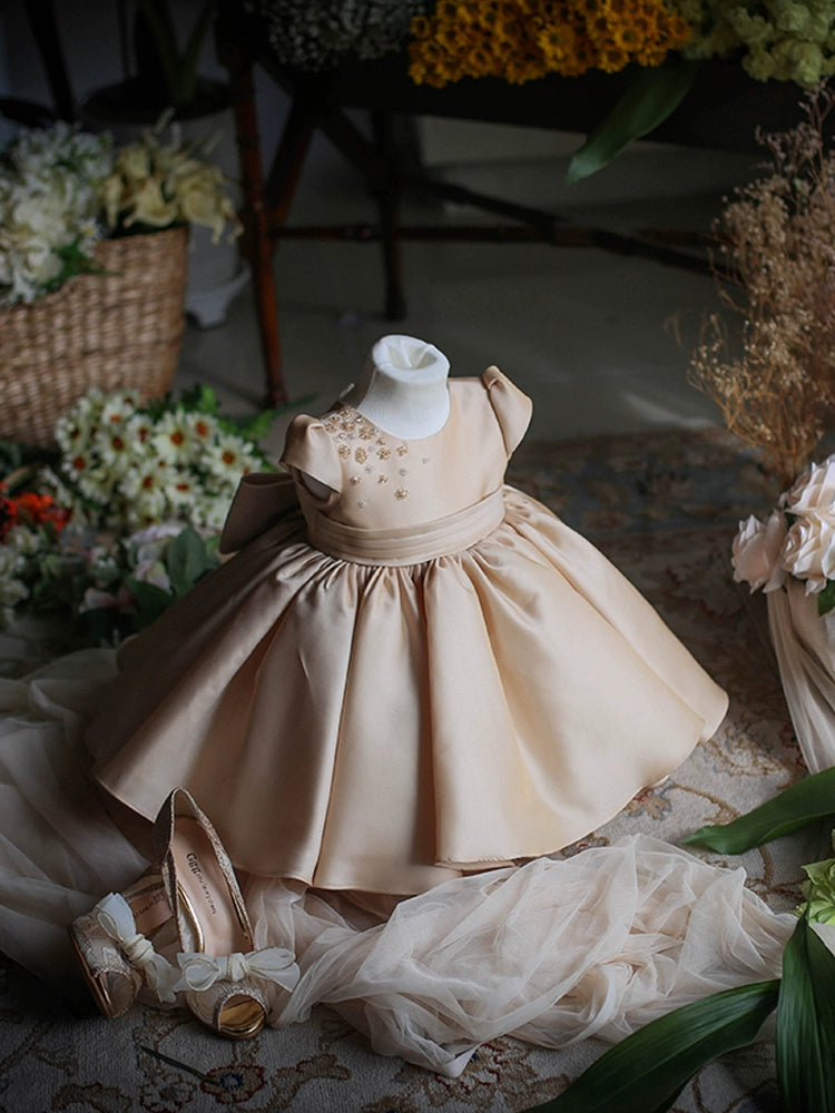 Princess Champagne Satin Back Zip Baptism Bow(s) Tea Length Short Sleeve Cap Sleeve Round Flower Girl Dress