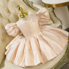 Princess Jewel Neck Tea Length Satin Flower Girl Dress in Champagne