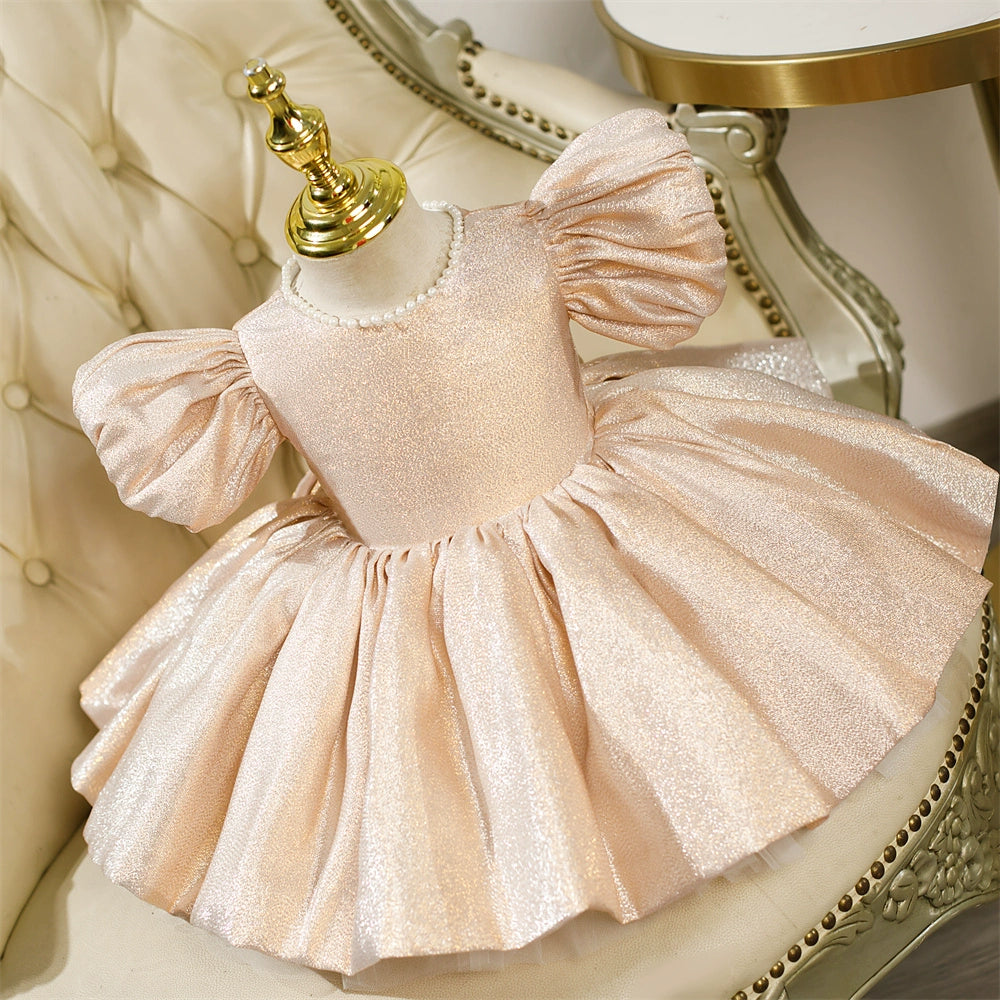 Princess Champagne Satin Back Zip Baptism Bow(s) Tea Length Short Sleeve Puff Sleeve Jewel Neck Flower Girl Dress