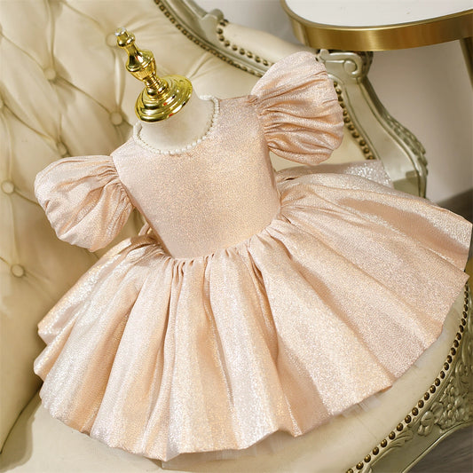 Princess Champagne Satin Back Zip Baptism Bow(s) Tea Length Short Sleeve Puff Sleeve Jewel Neck Flower Girl Dress