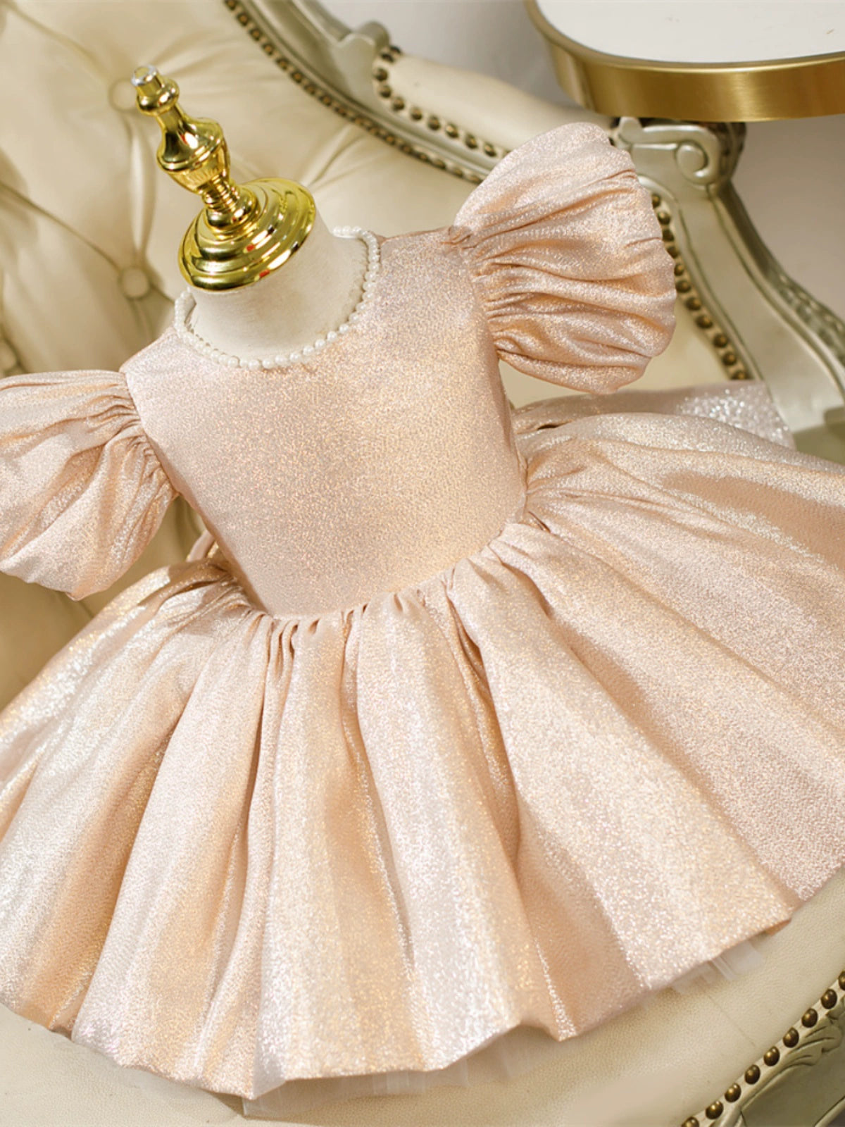 Princess Champagne Satin Back Zip Baptism Bow(s) Tea Length Short Sleeve Puff Sleeve Jewel Neck Flower Girl Dress