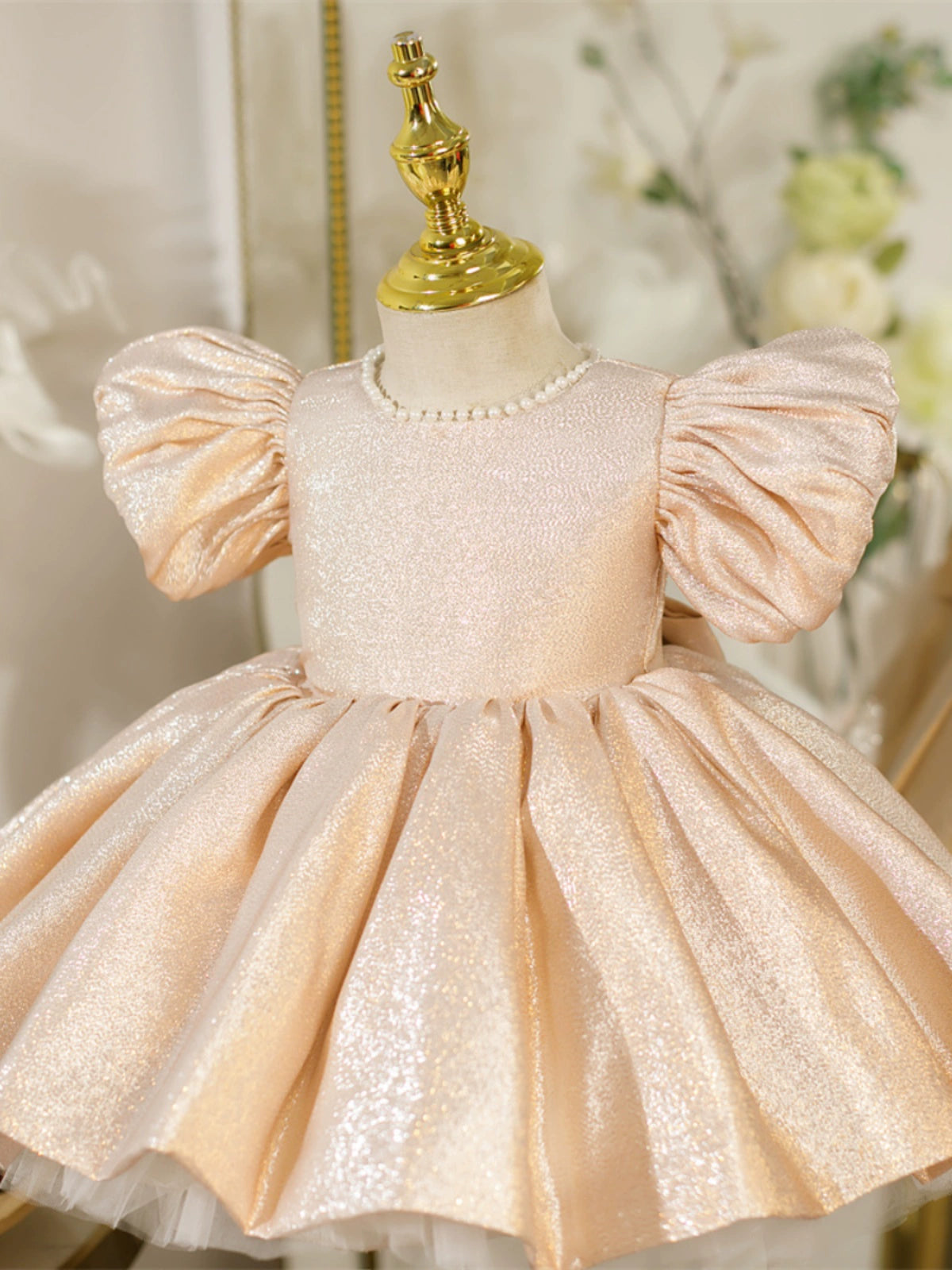 Princess Champagne Satin Back Zip Baptism Bow(s) Tea Length Short Sleeve Puff Sleeve Jewel Neck Flower Girl Dress