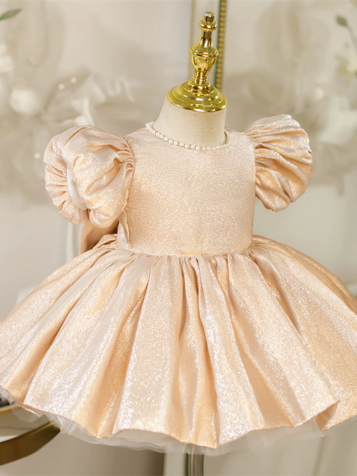 Princess Champagne Satin Back Zip Baptism Bow(s) Tea Length Short Sleeve Puff Sleeve Jewel Neck Flower Girl Dress