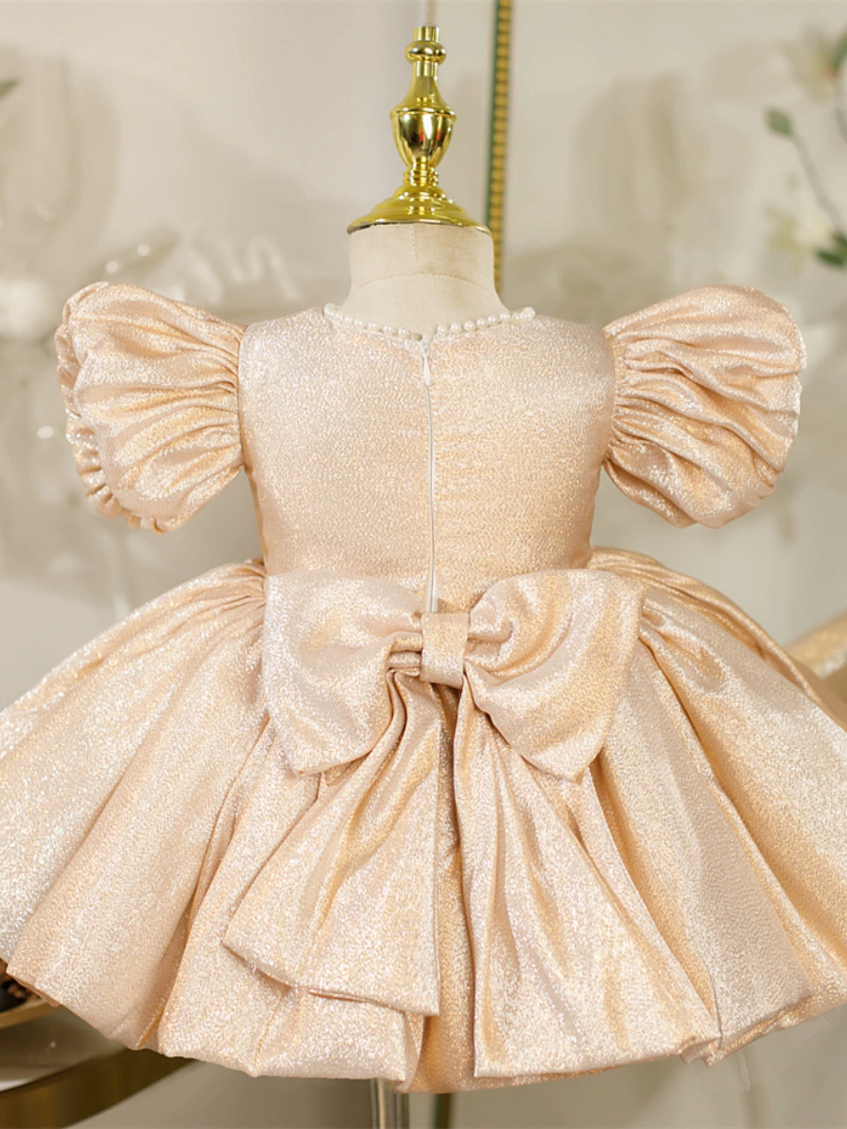 Princess Champagne Satin Back Zip Baptism Bow(s) Tea Length Short Sleeve Puff Sleeve Jewel Neck Flower Girl Dress