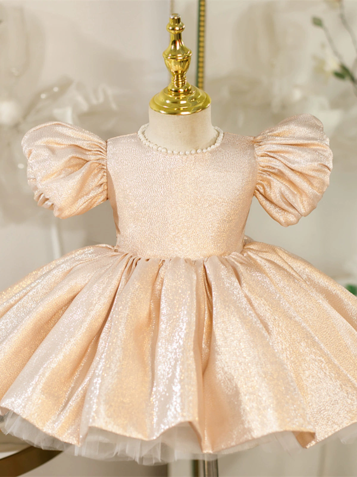 Princess Champagne Satin Back Zip Baptism Bow(s) Tea Length Short Sleeve Puff Sleeve Jewel Neck Flower Girl Dress
