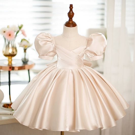 Princess Champagne Satin Back Zip Baptism Bow(s) Tea Length Short Sleeve Puff Sleeve Round Flower Girl Dress