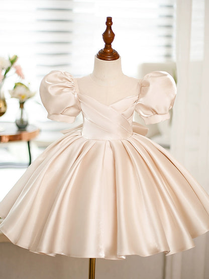 Princess Champagne Satin Back Zip Baptism Bow(s) Tea Length Short Sleeve Puff Sleeve Round Flower Girl Dress