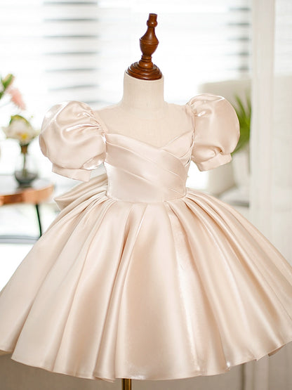 Princess Champagne Satin Back Zip Baptism Bow(s) Tea Length Short Sleeve Puff Sleeve Round Flower Girl Dress