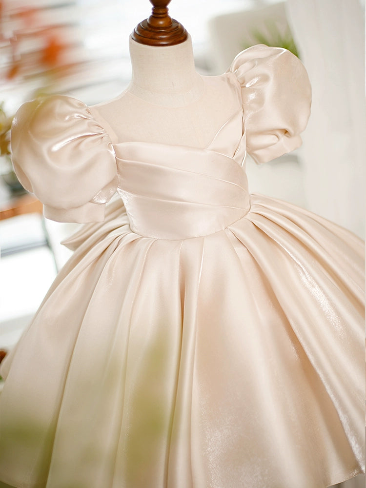 Princess Champagne Satin Back Zip Baptism Bow(s) Tea Length Short Sleeve Puff Sleeve Round Flower Girl Dress