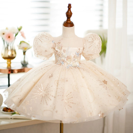 Princess Champagne Sequined Back Zip Baptism Lace Tea Length Short Sleeve Puff Sleeve Round Flower Girl Dress