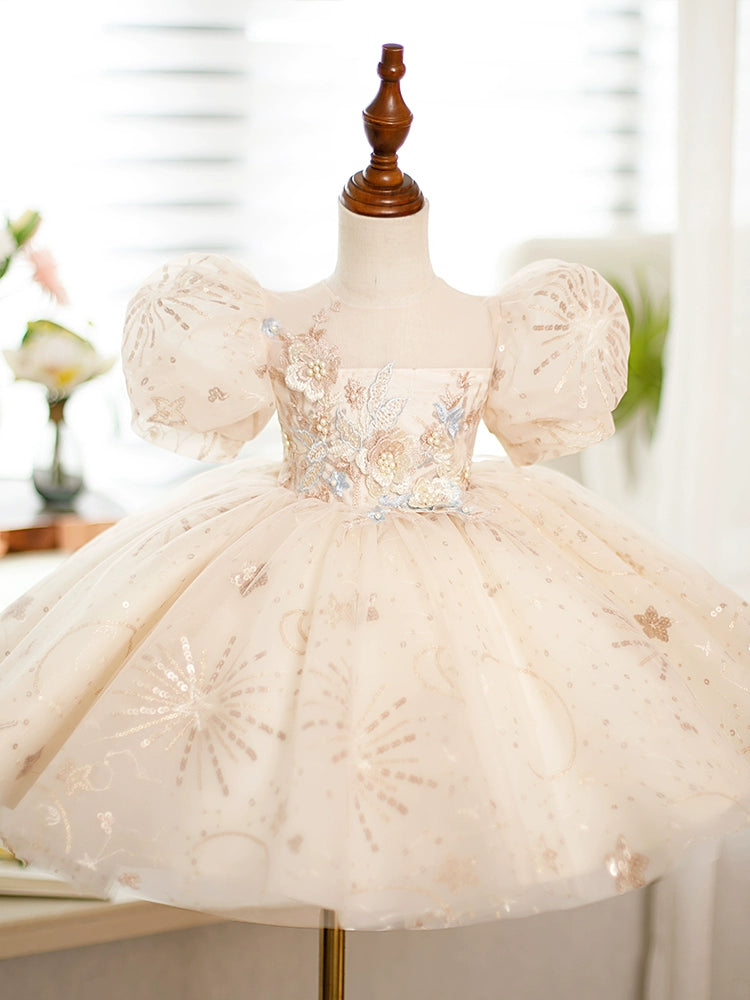 Princess Champagne Sequined Back Zip Baptism Lace Tea Length Short Sleeve Puff Sleeve Round Flower Girl Dress