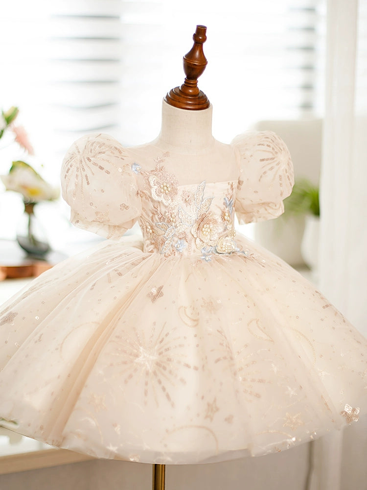Princess Champagne Sequined Back Zip Baptism Lace Tea Length Short Sleeve Puff Sleeve Round Flower Girl Dress