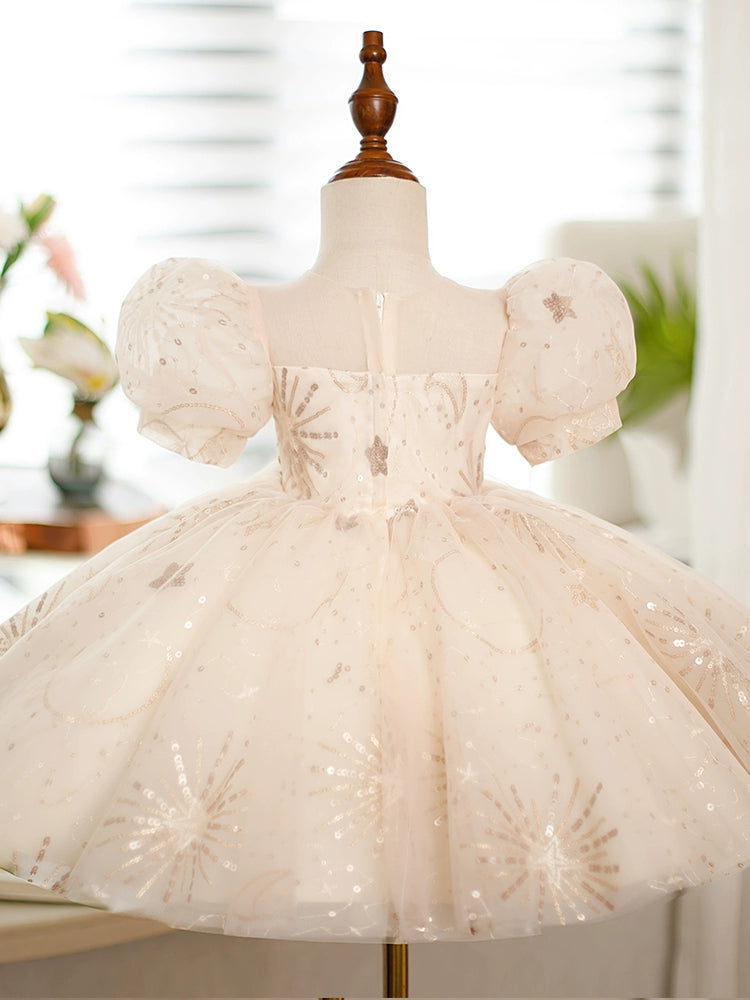 Princess Champagne Sequined Back Zip Baptism Lace Tea Length Short Sleeve Puff Sleeve Round Flower Girl Dress