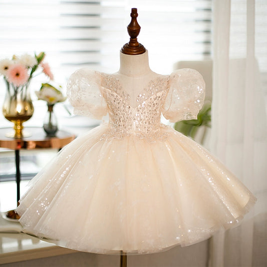 Princess Champagne Sequined Back Zip Baptism Sequins Tea Length Short Sleeve Puff Sleeve Round Flower Girl Dress