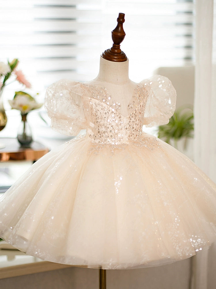 Princess Champagne Sequined Back Zip Baptism Sequins Tea Length Short Sleeve Puff Sleeve Round Flower Girl Dress