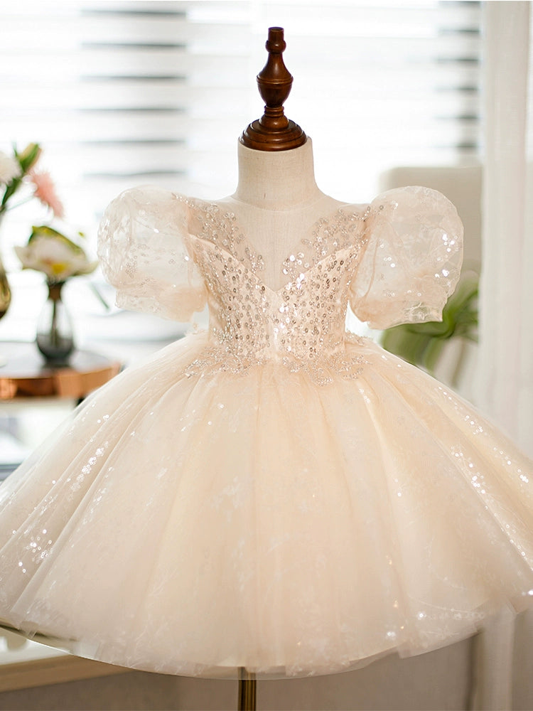 Princess Champagne Sequined Back Zip Baptism Sequins Tea Length Short Sleeve Puff Sleeve Round Flower Girl Dress