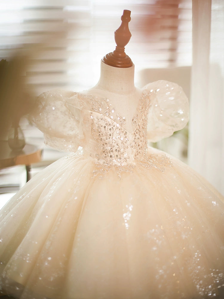 Princess Champagne Sequined Back Zip Baptism Sequins Tea Length Short Sleeve Puff Sleeve Round Flower Girl Dress