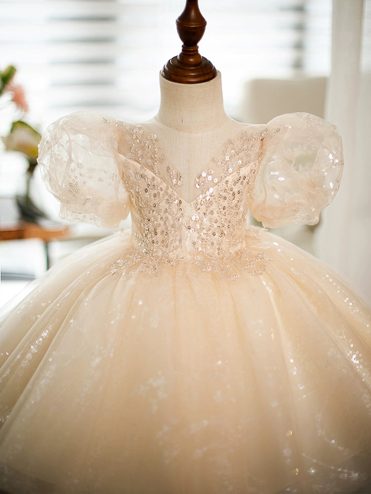 Princess Champagne Sequined Back Zip Baptism Sequins Tea Length Short Sleeve Puff Sleeve Round Flower Girl Dress