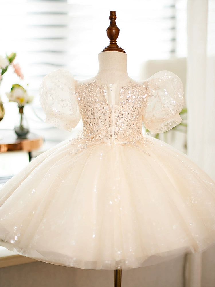 Princess Champagne Sequined Back Zip Baptism Sequins Tea Length Short Sleeve Puff Sleeve Round Flower Girl Dress