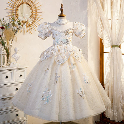 Princess Champagne Sequined Crossed Straps Baptism Flower(s) Floor Length Short Sleeve Puff Sleeve Round Flower Girl Dress