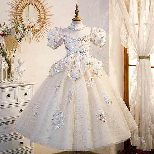 Princess Champagne Sequined Crossed Straps Baptism Flower(s) Floor Length Short Sleeve Puff Sleeve Round Flower Girl Dress