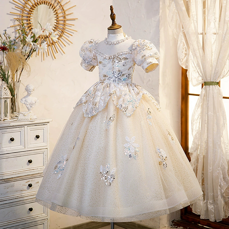 Princess Champagne Sequined Crossed Straps Baptism Flower(s) Floor Length Short Sleeve Puff Sleeve Round Flower Girl Dress