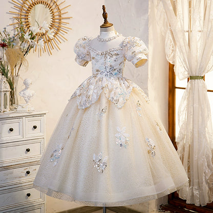 Princess Champagne Sequined Crossed Straps Baptism Flower(s) Floor Length Short Sleeve Puff Sleeve Round Flower Girl Dress