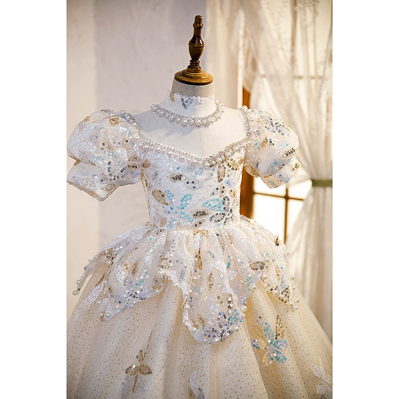 Princess Champagne Sequined Crossed Straps Baptism Flower(s) Floor Length Short Sleeve Puff Sleeve Round Flower Girl Dress