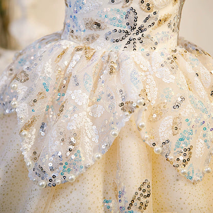 Princess Champagne Sequined Crossed Straps Baptism Flower(s) Floor Length Short Sleeve Puff Sleeve Round Flower Girl Dress