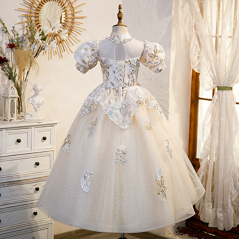 Princess Champagne Sequined Crossed Straps Baptism Flower(s) Floor Length Short Sleeve Puff Sleeve Round Flower Girl Dress