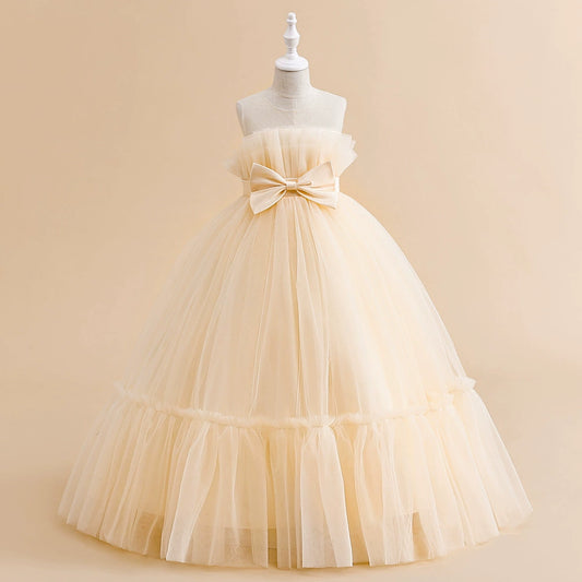 Princess Champagne Tulle Back Zip Baptism Pleated Floor Length Sleeveless Round Flower Girl Dress