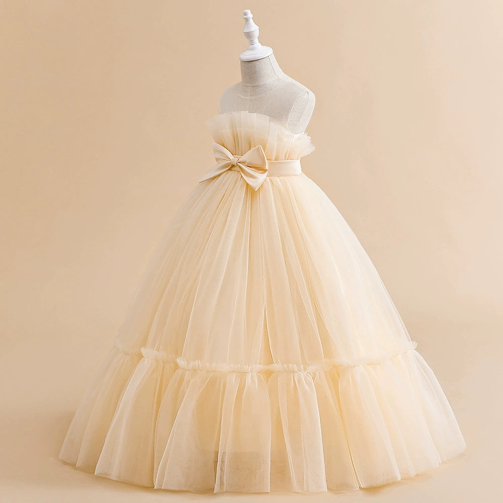Princess Champagne Tulle Back Zip Baptism Pleated Floor Length Sleeveless Round Flower Girl Dress