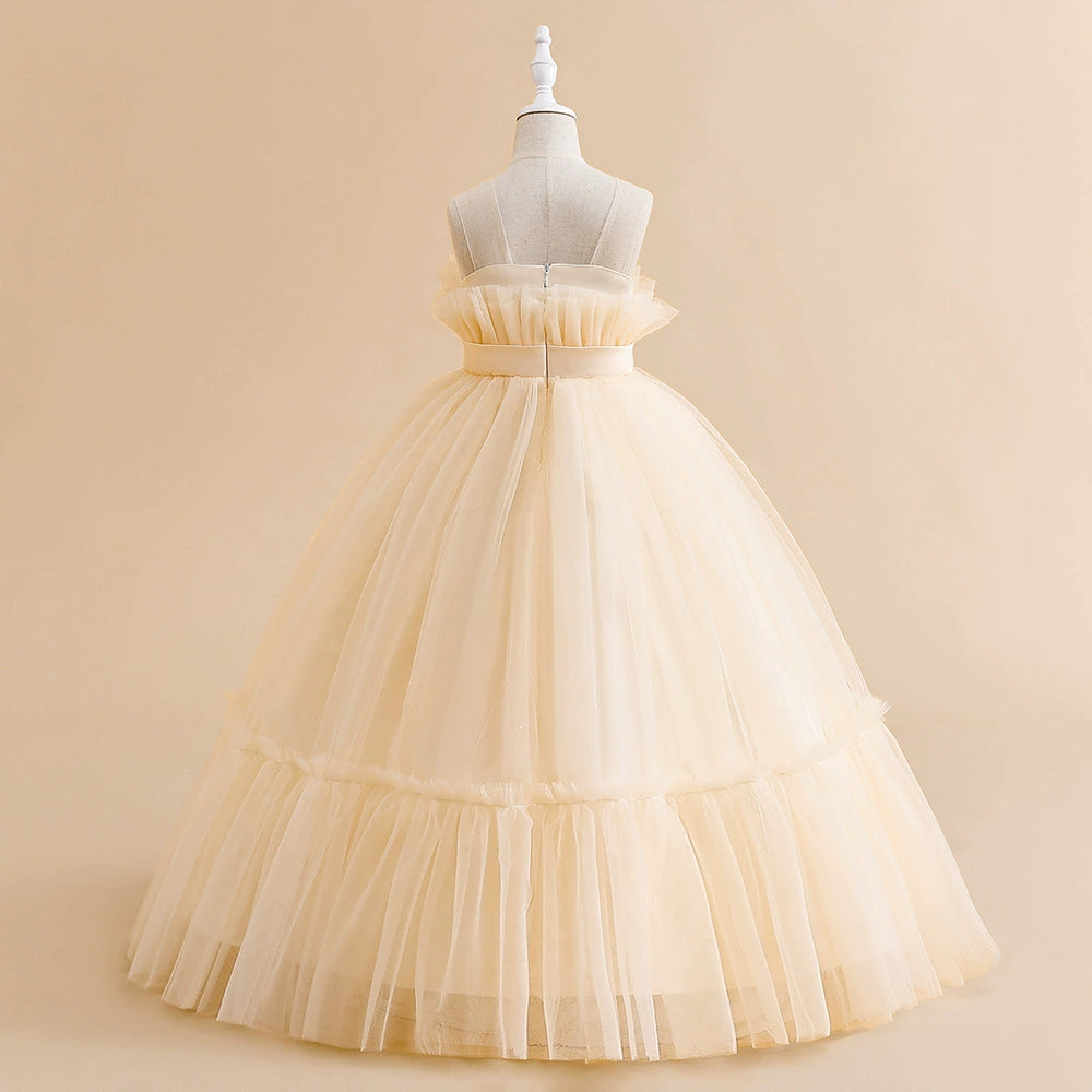 Princess Champagne Tulle Back Zip Baptism Pleated Floor Length Sleeveless Round Flower Girl Dress